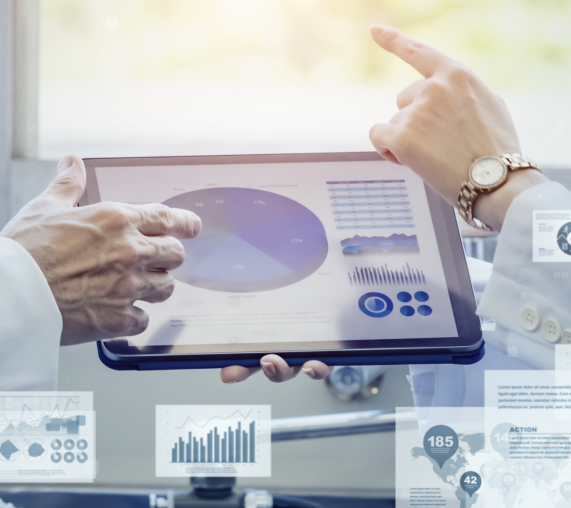 Two doctors in lab coats review a tablet displaying a graph on marketing challenges and tips for doctors, surrounded by more graphs.